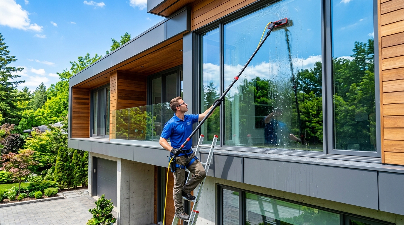 Professional window cleaner washing upper story windows of a modern home with clean sky reflections